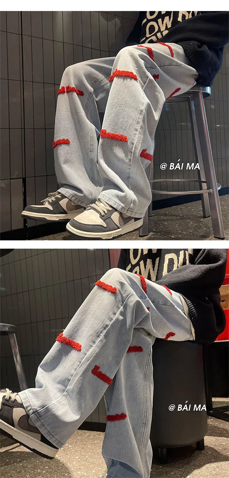 Jean brodé de lettres gothiques pour hommes, pantalon en denim baggy, droit, jambe large, mode de rue, hip hop, bleu, Y2K, automne