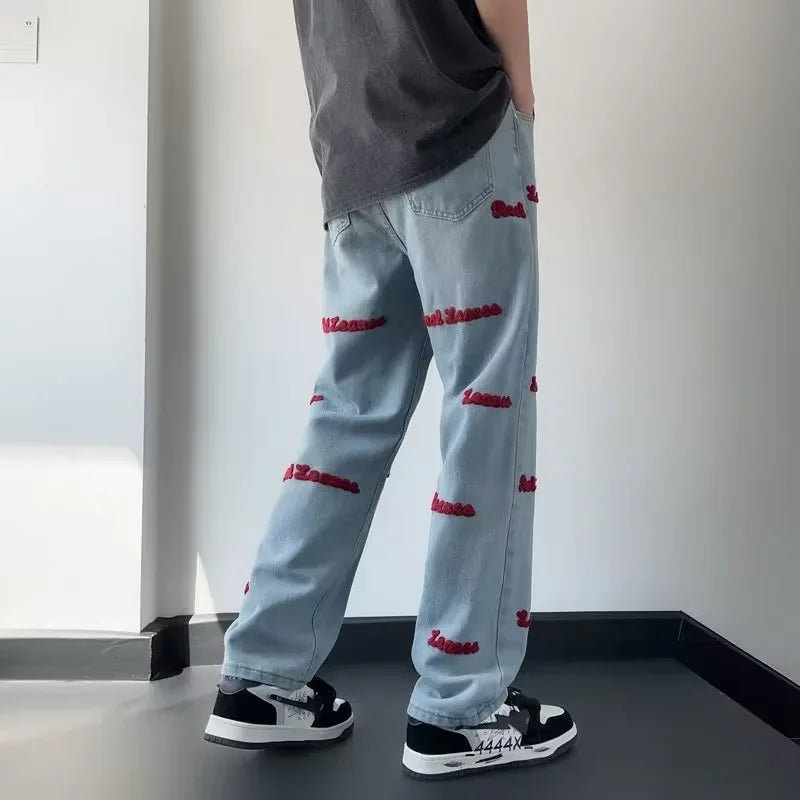 Jean brodé de lettres gothiques pour hommes, pantalon en denim baggy, droit, jambe large, mode de rue, hip hop, bleu, Y2K, automne