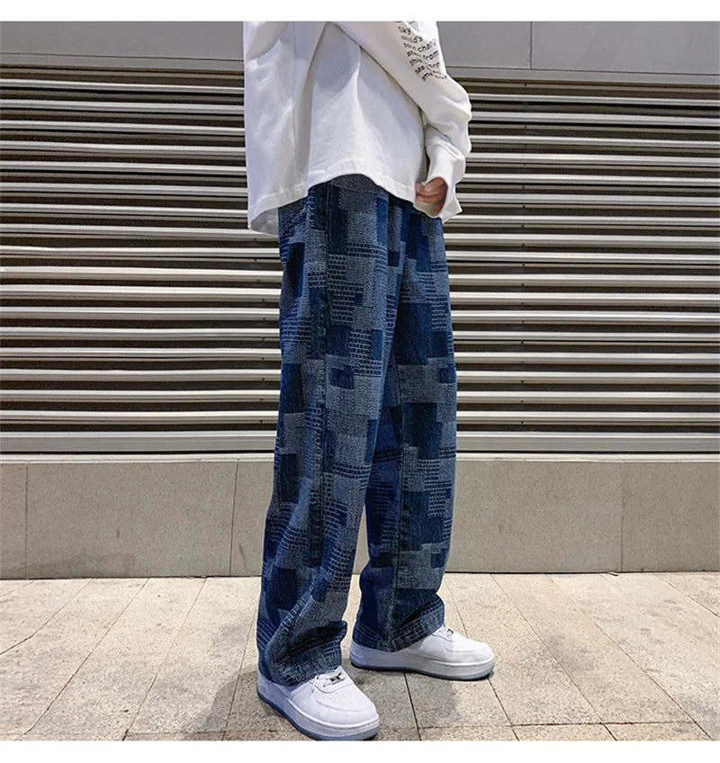 Jean à carreaux bleu noir pour hommes, Vintage, jambes larges, High Street, ample, droit, Hip Hop, automne Y2K