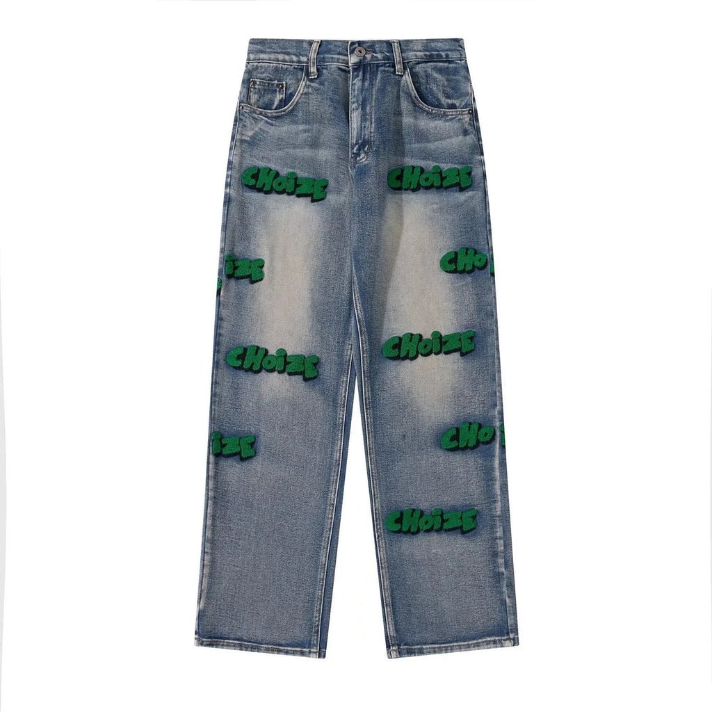 Feynzz broderie haute rue style hiphop flocage jean automne pantalon à jambes larges pour hommes et femmes taille haute jeans mode