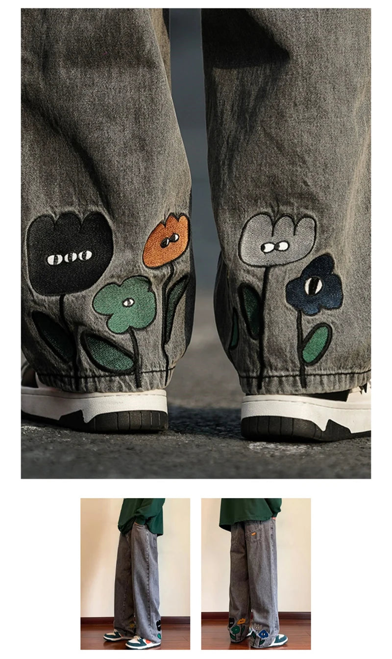 Jean Baggy imprimé fleur Y2K pour hommes, Streetwear américain décontracté, pantalon à jambes larges, Vintage, droit, nouvelle collection 2025