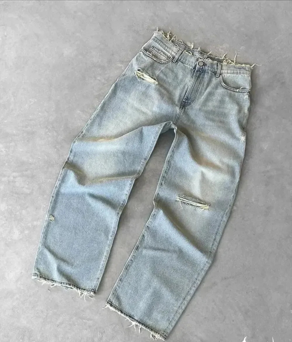 Nouveau Y2K Harajuku rétro graphique Patch jean Hip Hop gothique bord brut broderie noir Baggy jean jambe large Denim pantalon hommes femmes