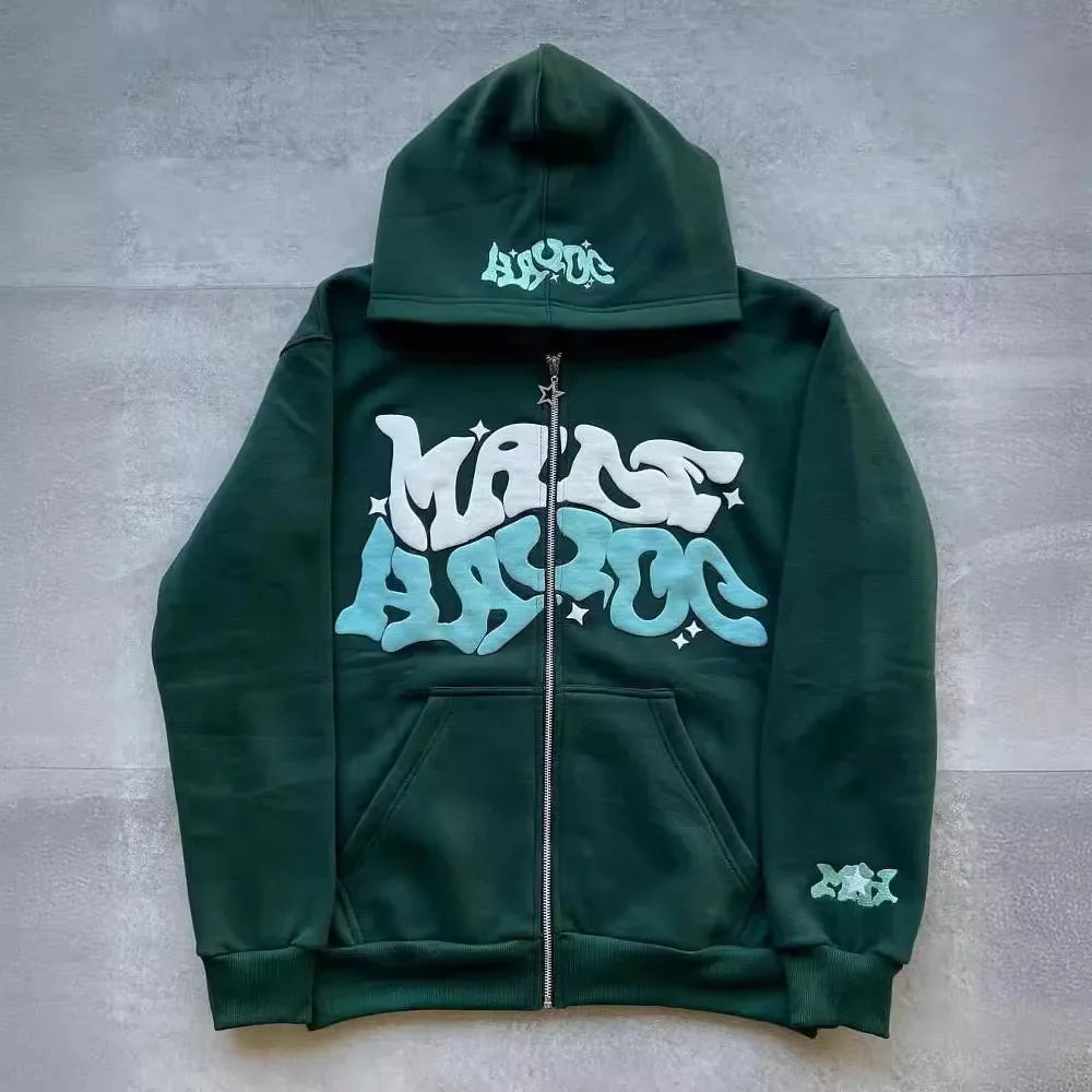 Sweat-shirt à capuche avec fermeture éclair, lettres et étoiles américaines rétro, adapté aux hommes et aux femmes, veste Y2K, cardigan d'automne et d'hiver