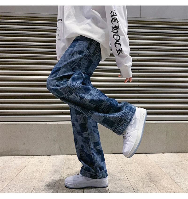 Jean à carreaux bleu noir pour hommes, Vintage, jambes larges, High Street, ample, droit, Hip Hop, automne Y2K