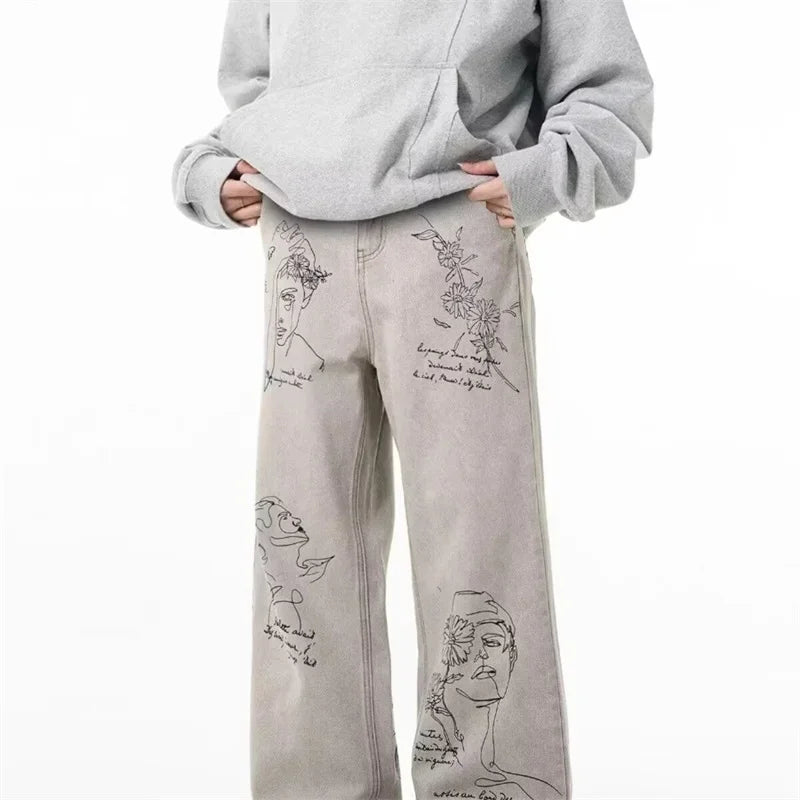 Jean imprimé graphique graffiti rétro américain pour hommes, pantalon en denim baggy, mode Harajuku, streetwear Y2K, DistMurcia, fjgy