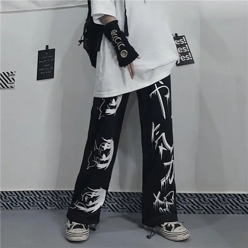 Pantalon de survêtement noir imprimé japonais Y2k pour homme, Streetwear, jambes larges, Baggy surdimensionné, décontracté, Sport, 2023