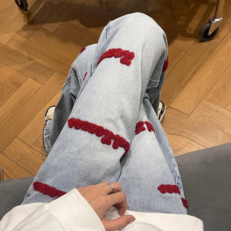 Jean brodé de lettres gothiques pour hommes, pantalon en denim baggy, droit, jambe large, mode de rue, hip hop, bleu, Y2K, automne