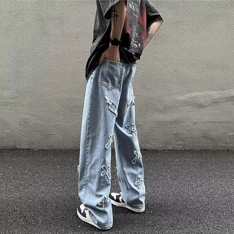Jean en Denim à jambes droites pour hommes, nouvelle mode décontractée, ample, pantalon Y2k, jambes larges, Hip Hop, noir, bleu