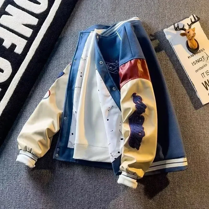 Veste en laine pour hommes, uniforme de Baseball bloqué de couleur, brodé, Vintage coréen, Patchwork, manteau en cuir, vêtements pour hommes, printemps automne