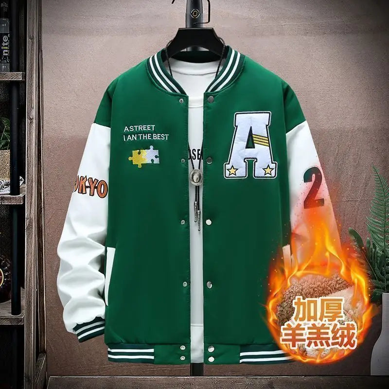 Vestes polaires Vintage à col de Baseball pour hommes, lettres brodées, loisirs, sport, manteau épais en peau d'agneau, veste de moto surdimensionnée