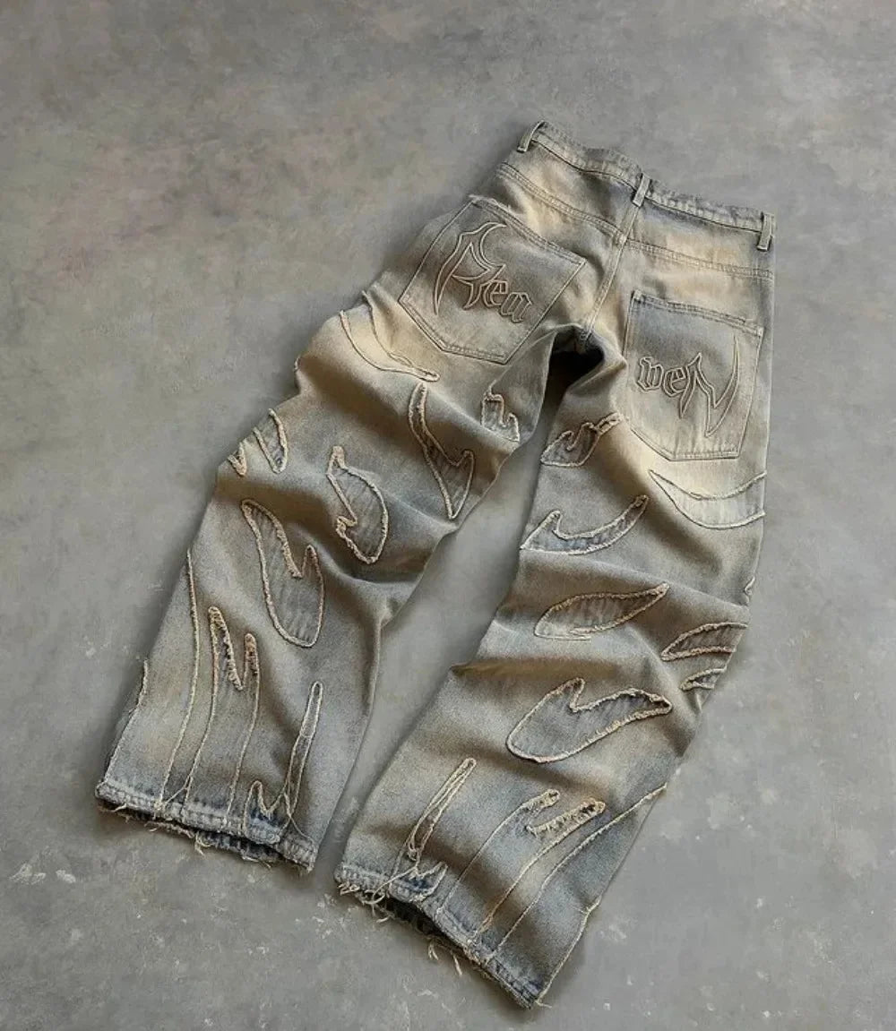 Nouveau Y2K Harajuku rétro graphique Patch jean Hip Hop gothique bord brut broderie noir Baggy jean jambe large Denim pantalon hommes femmes