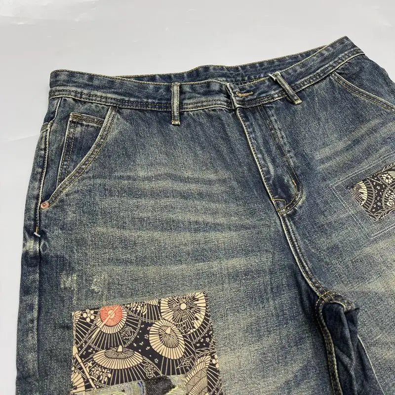 Jean ample à jambes droites pour hommes, rétro américain, avec trous déchirés, tissu patch, pantalon Long polyvalent, été 2025