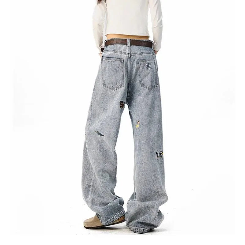 【Mirrordust】 Jean Vintage brodé de Style américain pour hommes, pantalon ample à jambes larges, polyvalent, longueur au sol