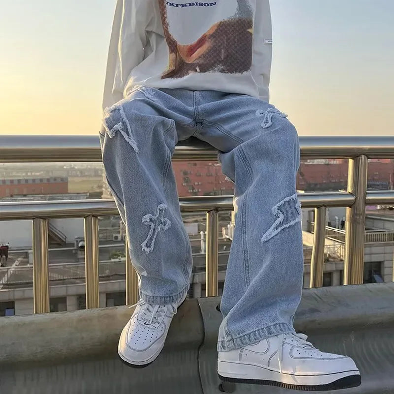 Jean en Denim à jambes droites pour hommes, nouvelle mode décontractée, ample, pantalon Y2k, jambes larges, Hip Hop, noir, bleu