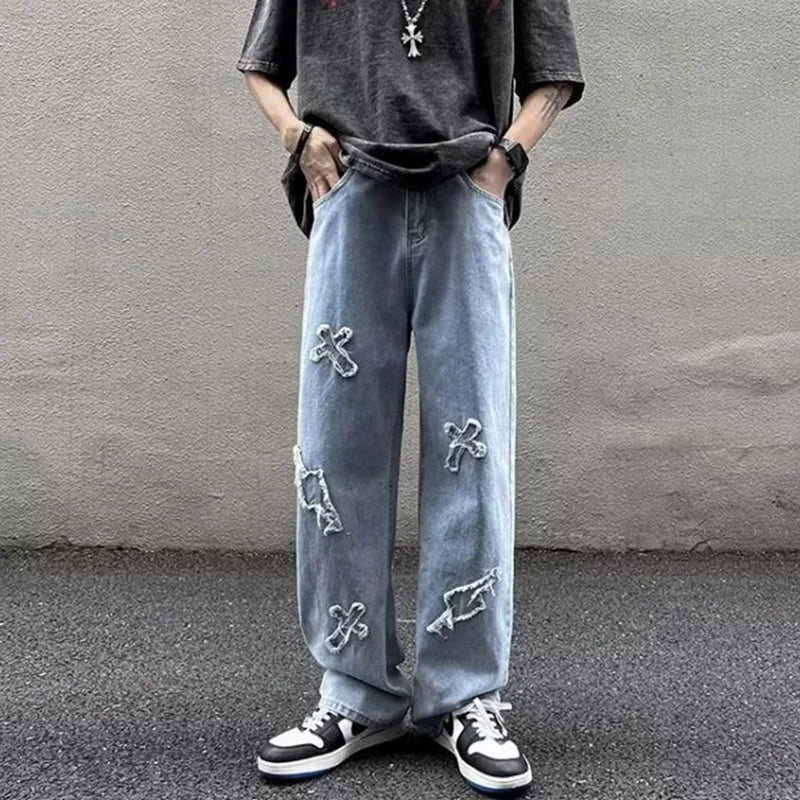 Jean en Denim à jambes droites pour hommes, nouvelle mode décontractée, ample, pantalon Y2k, jambes larges, Hip Hop, noir, bleu