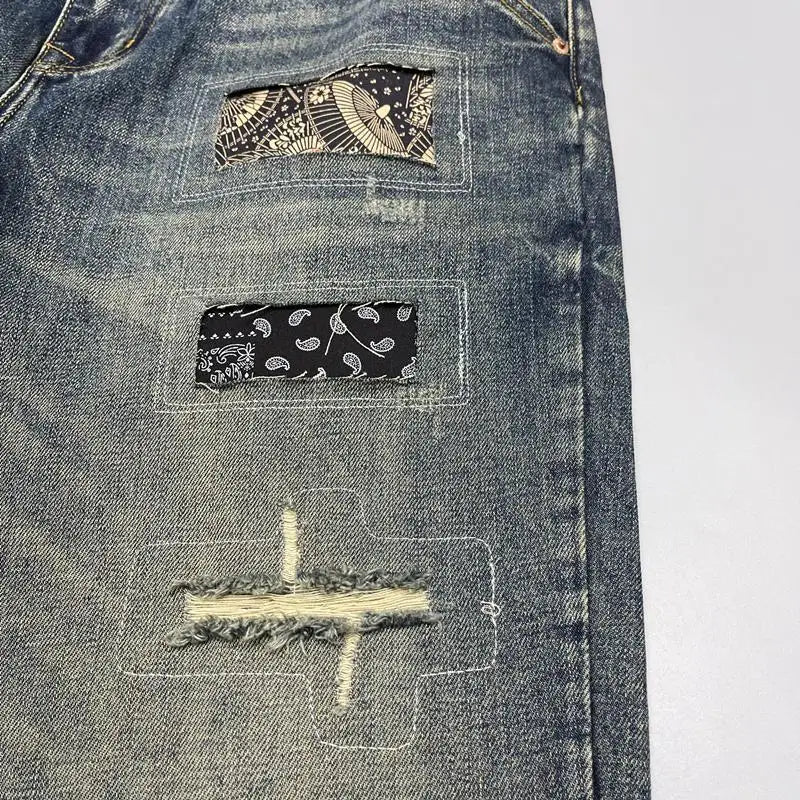 Jean ample à jambes droites pour hommes, rétro américain, avec trous déchirés, tissu patch, pantalon Long polyvalent, été 2025