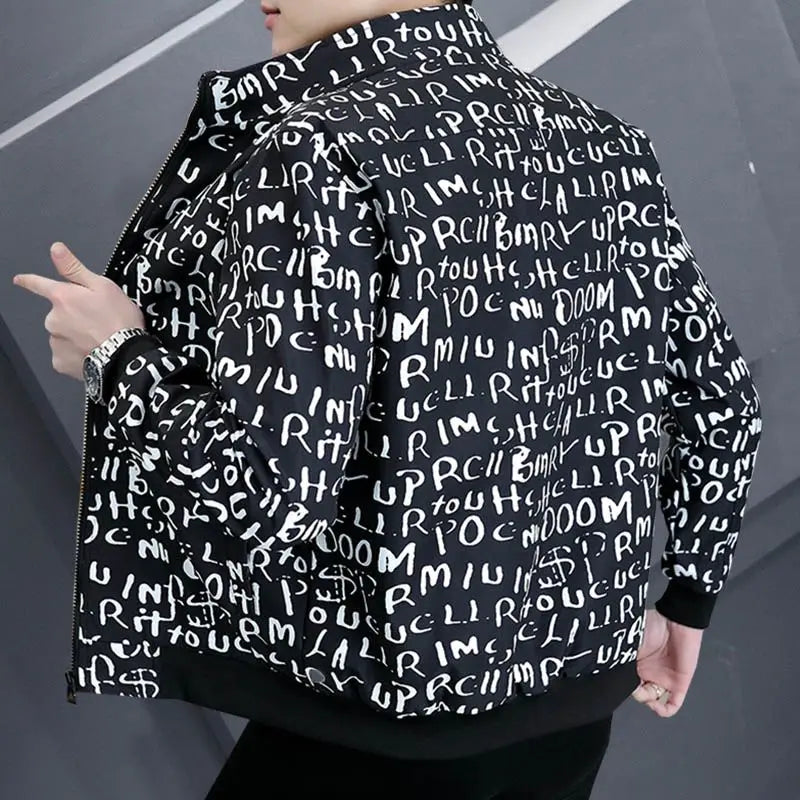 Vestes à col montant avec fermeture éclair pour hommes, vêtements décontractés, lettre imprimée, tout match, mode, printemps, nouveau, Y-coréen, 2024