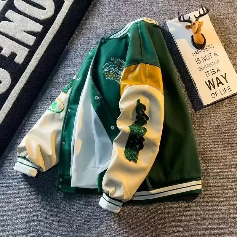 Veste en laine pour hommes, uniforme de Baseball bloqué de couleur, brodé, Vintage coréen, Patchwork, manteau en cuir, vêtements pour hommes, printemps automne