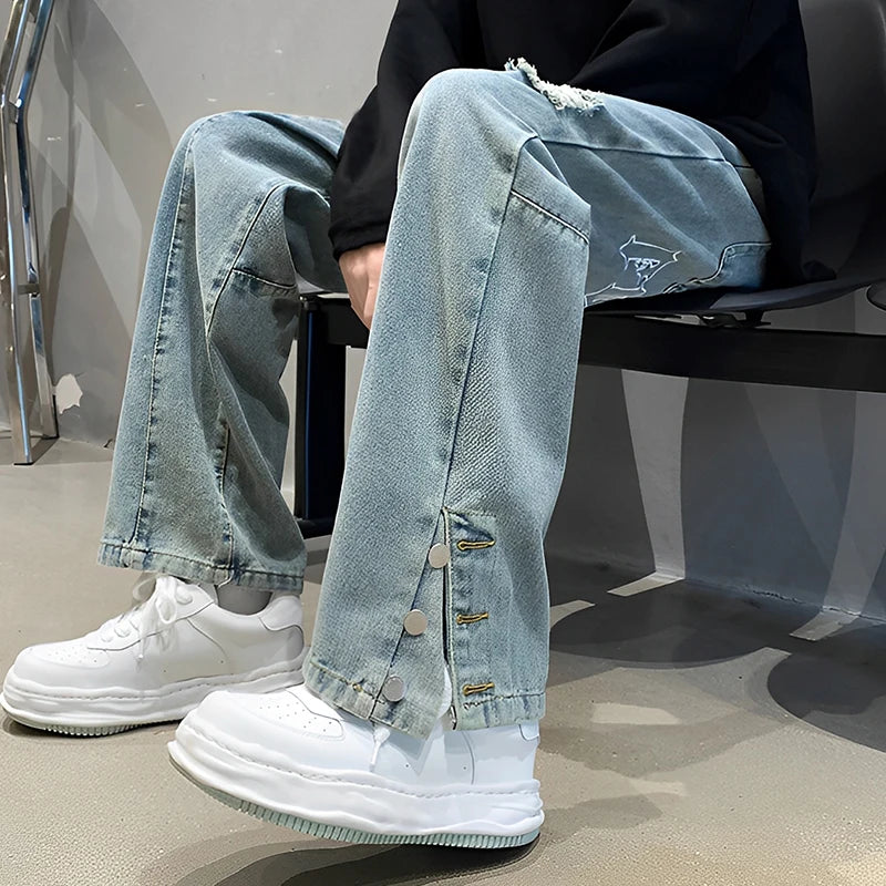 Jean ample Hip Hop brodé avec lettres pour hommes, décontracté, nouveaux trous cassés, Streetwear, pantalon droit en Denim, Baggy Y2K