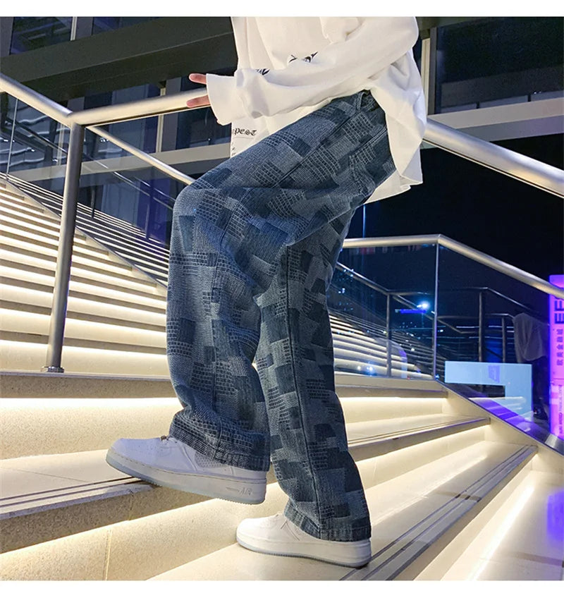 Jean à carreaux bleu noir pour hommes, Vintage, jambes larges, High Street, ample, droit, Hip Hop, automne Y2K