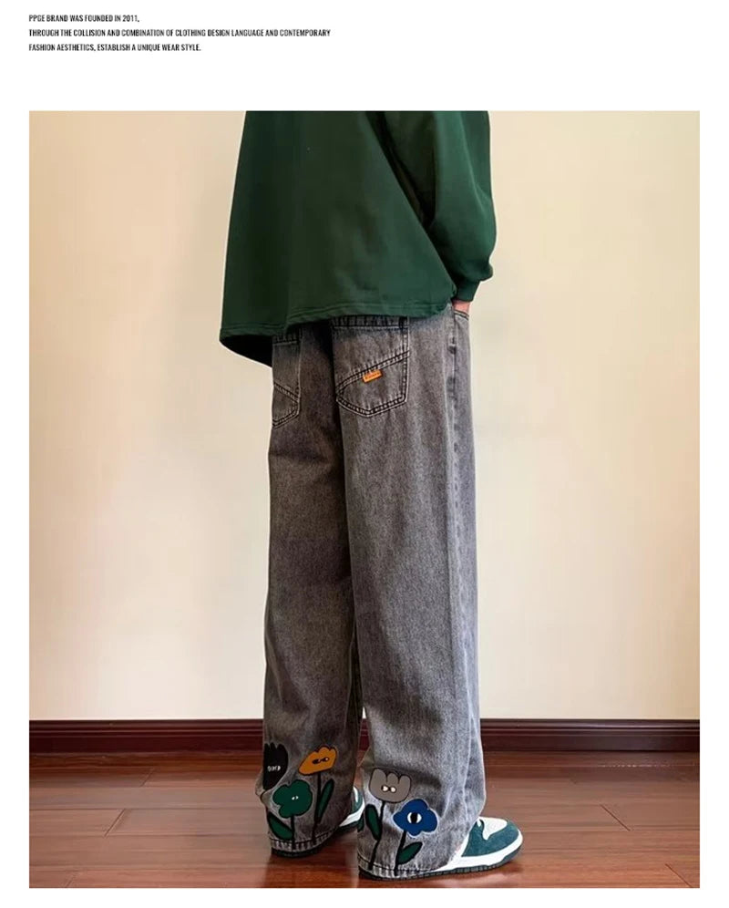 Jean Baggy imprimé fleur Y2K pour hommes, Streetwear américain décontracté, pantalon à jambes larges, Vintage, droit, nouvelle collection 2025