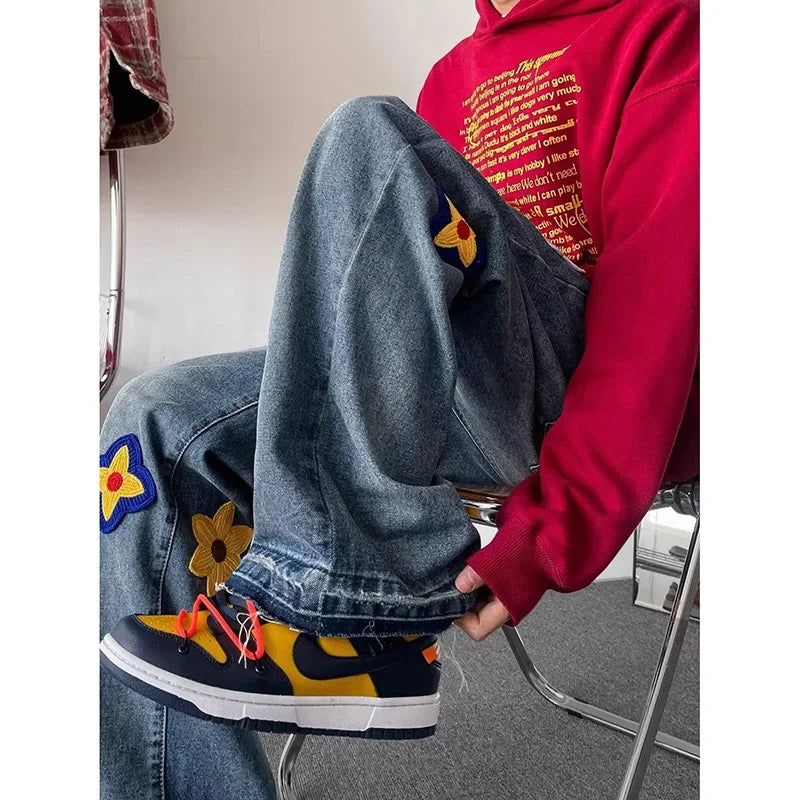 Jean droit bleu brodé de fleurs pour hommes et femmes, jean baggy, streetwear vintage, mode hip hop, automne, fjwomen, Y2K
