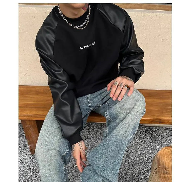Pulls en cuir à col rond pour hommes, pulls College de lettres rétro américaines, vêtements décontractés basiques, printemps et automne, patchwork, adt PVD