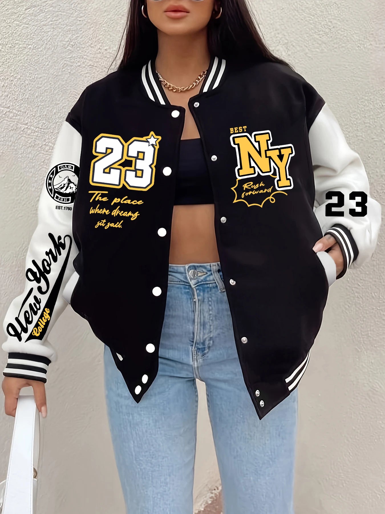 Veste imprimée New York Art Letter 23 pour femme, Harajuku Smile Baseball Jersey, Button Personality Streetwear, Vintage At Clothing