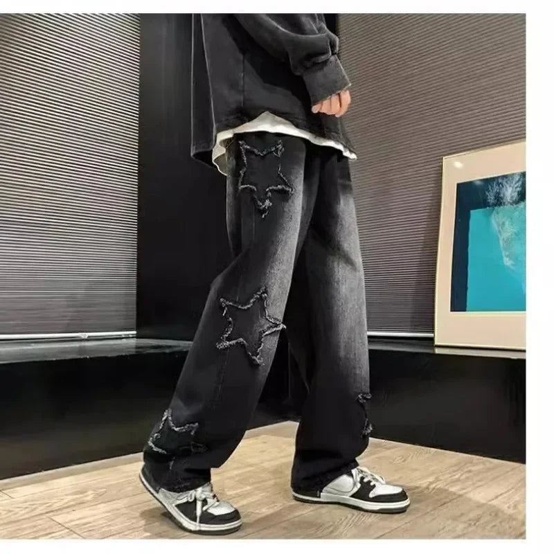 2025 nouvelle mode étoiles serviette broderie marron hommes jean Pantalon Y2K vêtements droit Hip Hop coton Pantalon Homme