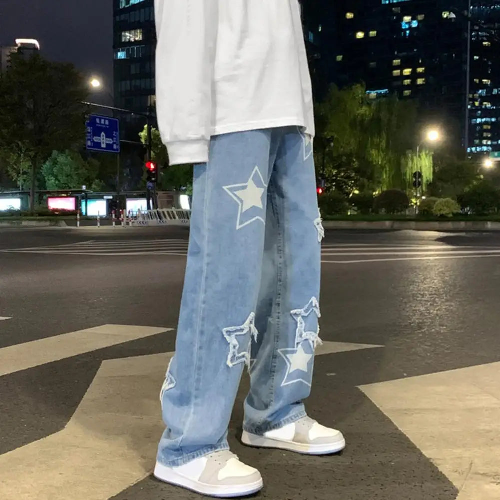 Pantalon en Denim pour hommes, motif étoile à cinq points, broderie, jambes larges, Streetwear, couleur unie, taille moyenne, Baggy, jean droit
