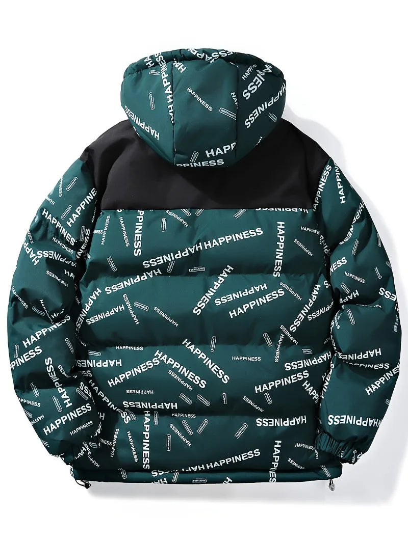 Veste à capuche épaisse coupe-vent pour hommes avec poches et cordon de serrage décontracté lettre imprimée vêtements d'extérieur polyvalents chaud et élégant pour décontracté