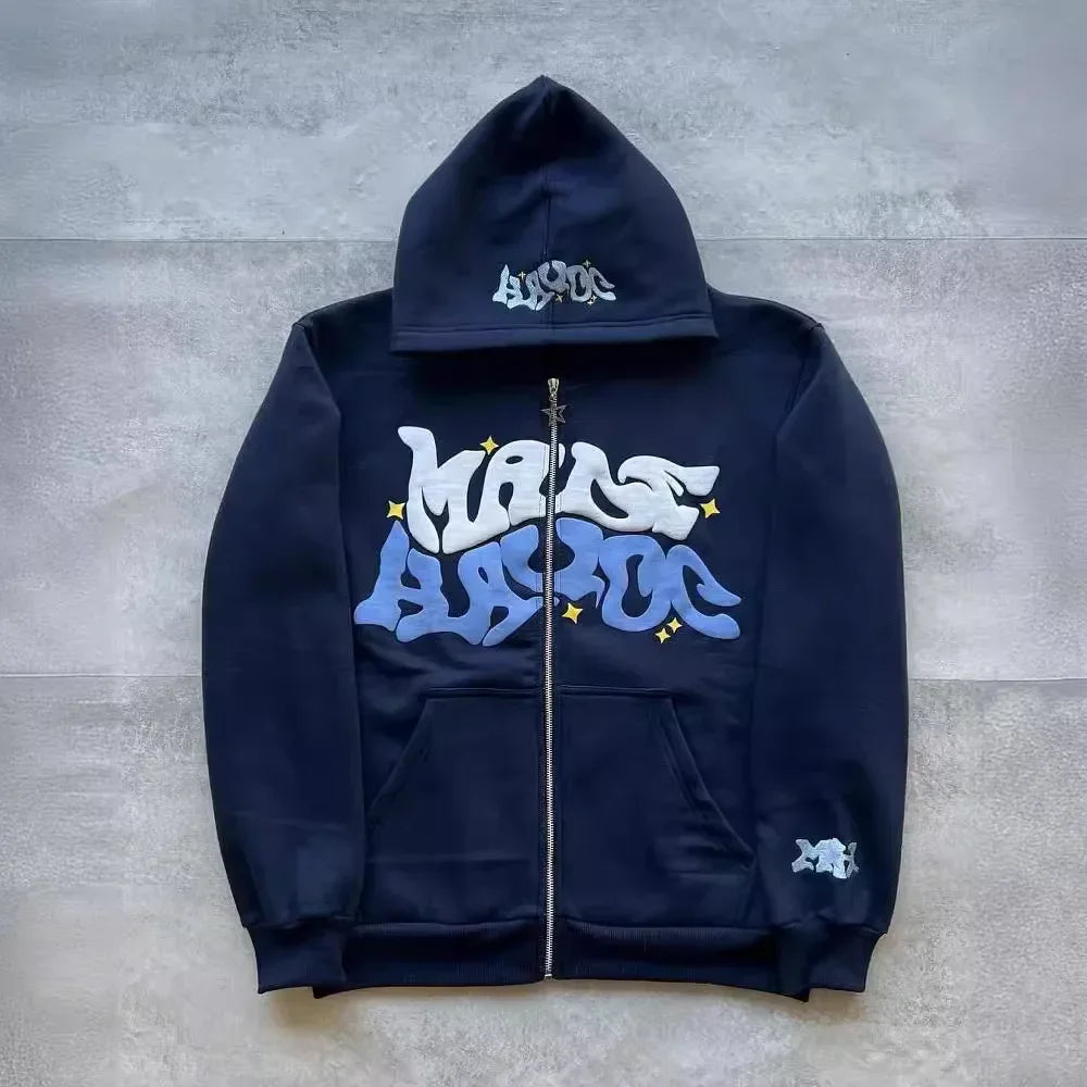 Sweat-shirt à capuche avec fermeture éclair, lettres et étoiles américaines rétro, adapté aux hommes et aux femmes, veste Y2K, cardigan d'automne et d'hiver