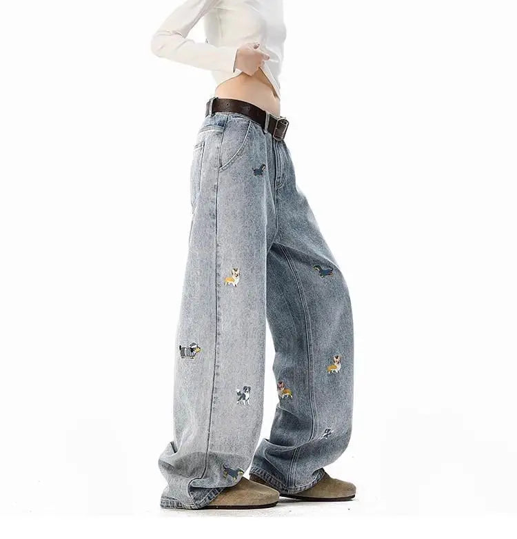 【Mirrordust】 Jean Vintage brodé de Style américain pour hommes, pantalon ample à jambes larges, polyvalent, longueur au sol