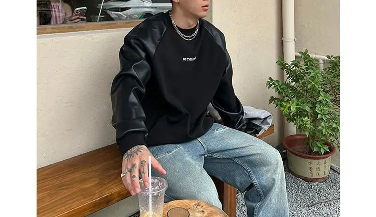 Pulls en cuir à col rond pour hommes, pulls College de lettres rétro américaines, vêtements décontractés basiques, printemps et automne, patchwork, adt PVD