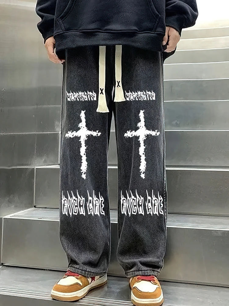 Pantalon en jean Baggy noir imprimé pour hommes, droit, surdimensionné, graphique décontracté, jambes larges, Denim, Long, coréen, cordon de serrage, survêtement