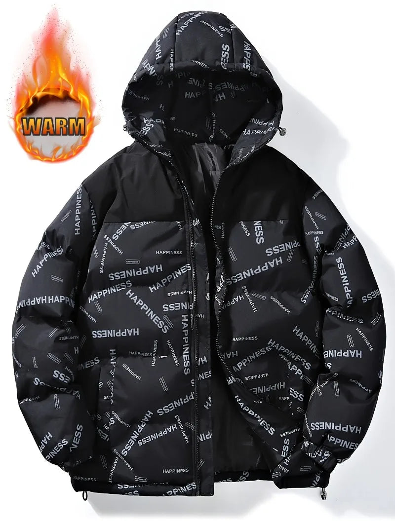 Veste à capuche épaisse coupe-vent pour hommes avec poches et cordon de serrage décontracté lettre imprimée vêtements d'extérieur polyvalents chaud et élégant pour décontracté
