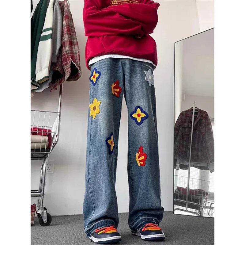 Jean droit bleu brodé de fleurs pour hommes et femmes, jean baggy, streetwear vintage, mode hip hop, automne, fjwomen, Y2K