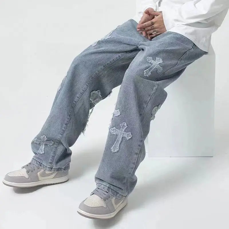 Streetwear Hip Hop taille basse pour hommes coréen Y2k mode pantalon croix Denim pantalon Baggy jean femmes Cargo pantalon Punk vêtements