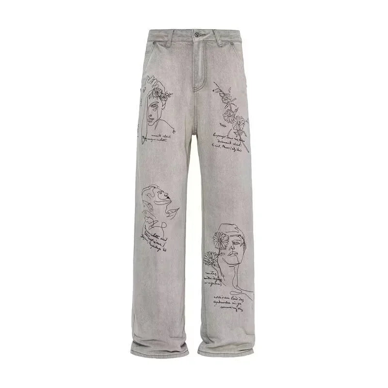 Jean imprimé graphique graffiti rétro américain pour hommes, pantalon en denim baggy, mode Harajuku, streetwear Y2K, DistMurcia, fjgy