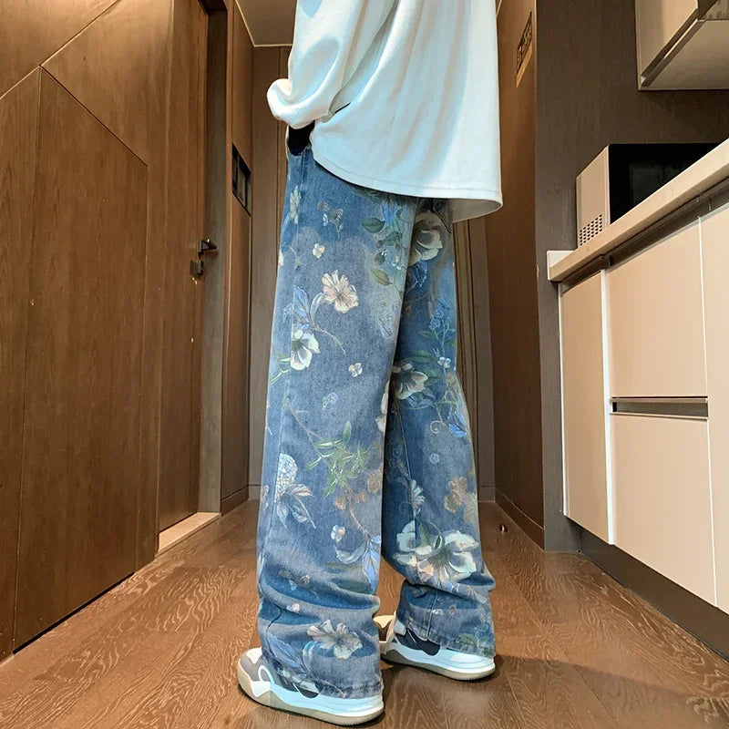 Jean imprimé Floral pour hommes, pantalon en Denim Vintage Y2K, mode Hip Hop, Baggy à jambes larges, Streetwear, nouvelle collection automne 2024