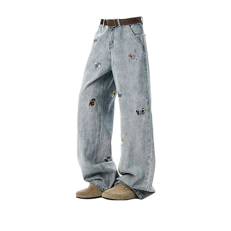 【Mirrordust】 Jean Vintage brodé de Style américain pour hommes, pantalon ample à jambes larges, polyvalent, longueur au sol