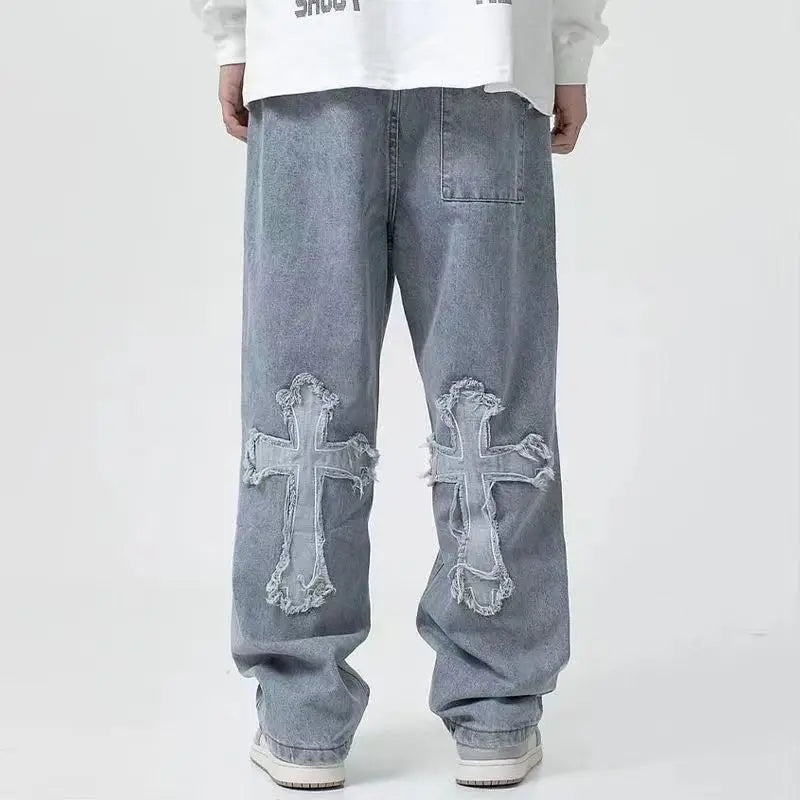 Streetwear Hip Hop taille basse pour hommes coréen Y2k mode pantalon croix Denim pantalon Baggy jean femmes Cargo pantalon Punk vêtements