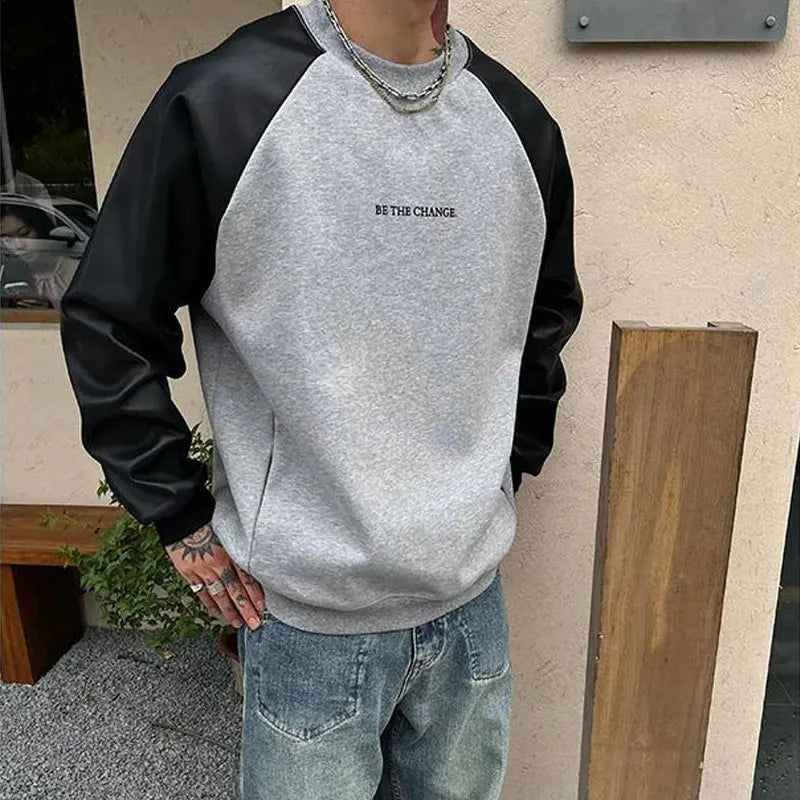 Pulls en cuir à col rond pour hommes, pulls College de lettres rétro américaines, vêtements décontractés basiques, printemps et automne, patchwork, adt PVD