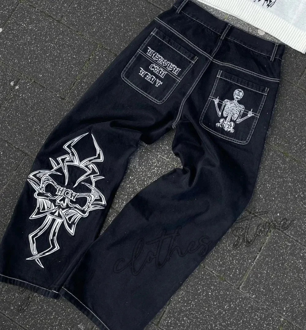 Nouveau Baggy décontracté jambe large Jean hommes rue rétro Hip Hop imprimé Jean tendance mode noir taille haute Jean Y2k hommes vêtements 2023