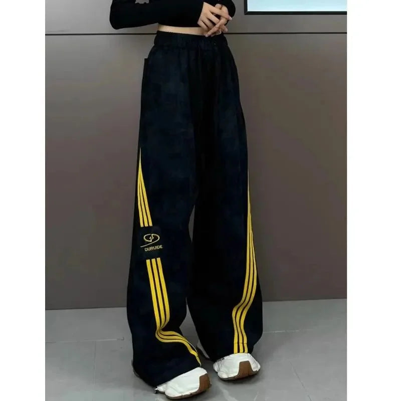 Taille élastique pantalons décontractés femmes automne nouveau trois rayures jambe large pantalons de survêtement polyvalent jambe droite longueur de plancher pantalon
