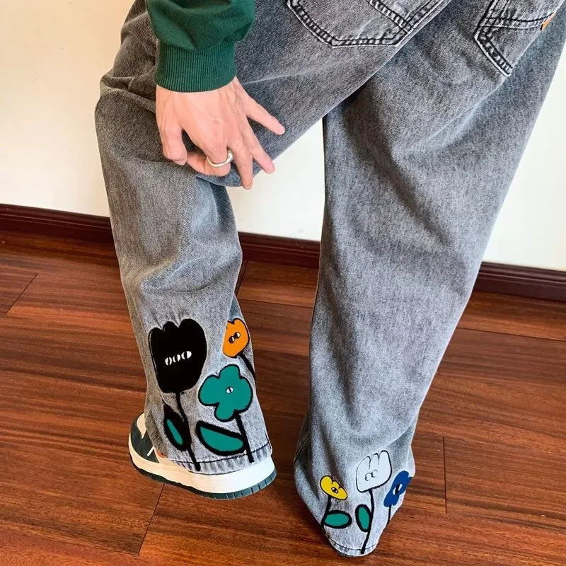 Jean Baggy imprimé fleur Y2K pour hommes, Streetwear américain décontracté, pantalon à jambes larges, Vintage, droit, nouvelle collection 2025