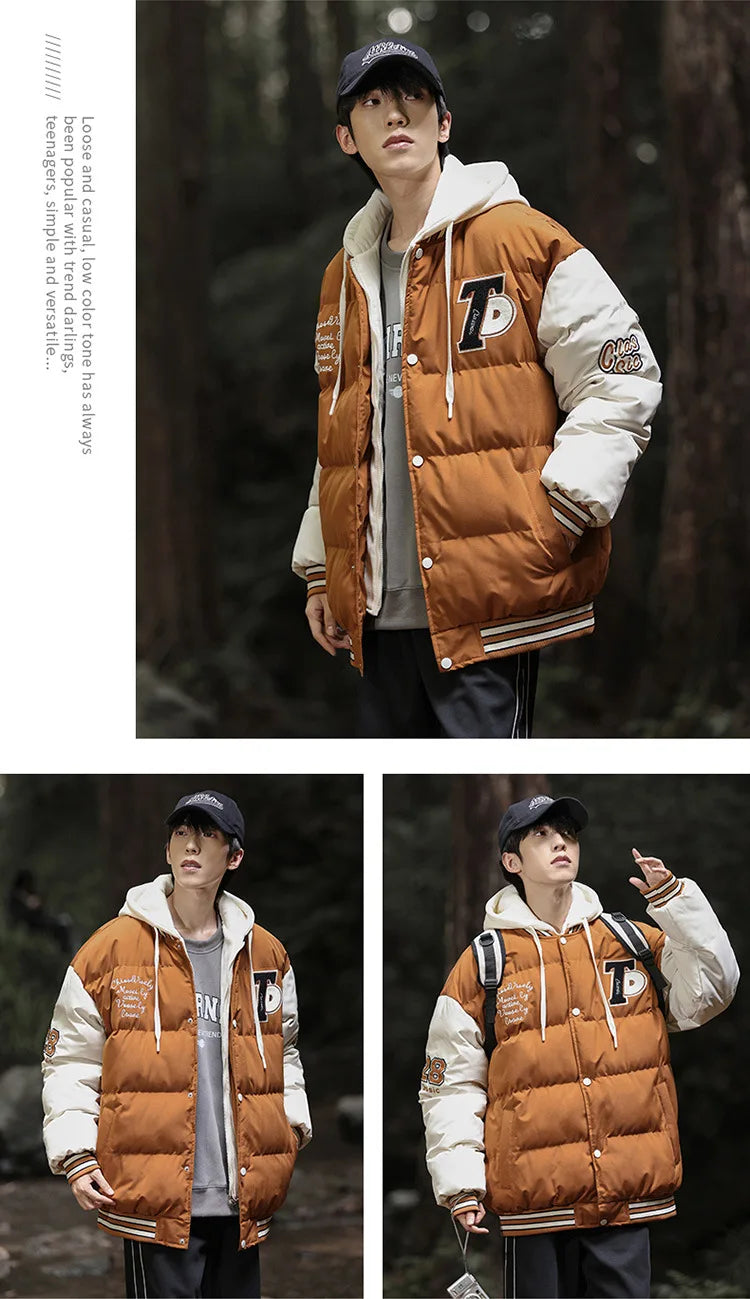 2025 nouvelle veste en coton hommes hiver jeunesse épaissi vers le bas manteau à capuche faux deux pièces mode Parka décontractée vêtements d'extérieur chauds grande taille
