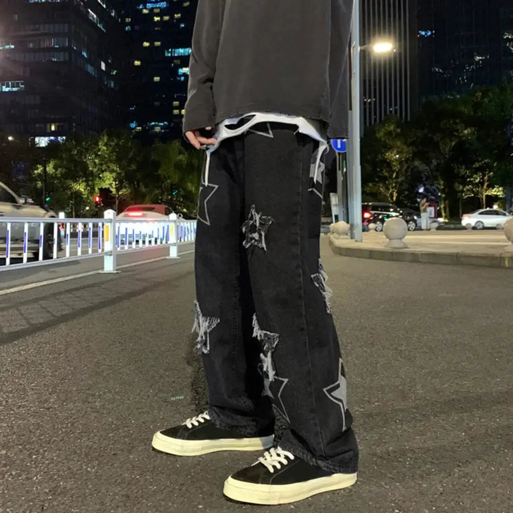 Pantalon en Denim pour hommes, motif étoile à cinq points, broderie, jambes larges, Streetwear, couleur unie, taille moyenne, Baggy, jean droit