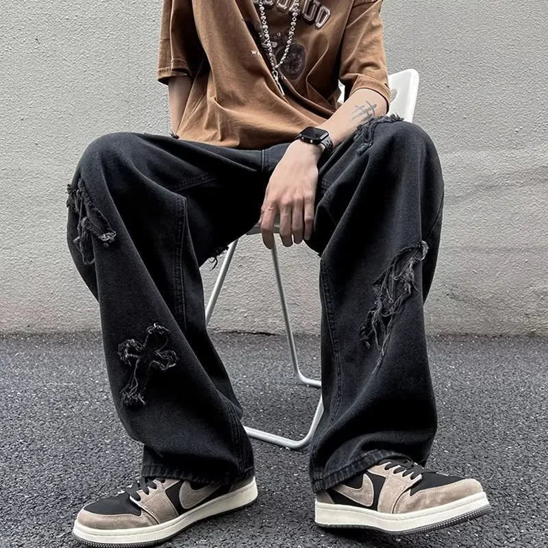 Jean en Denim à jambes droites pour hommes, nouvelle mode décontractée, ample, pantalon Y2k, jambes larges, Hip Hop, noir, bleu