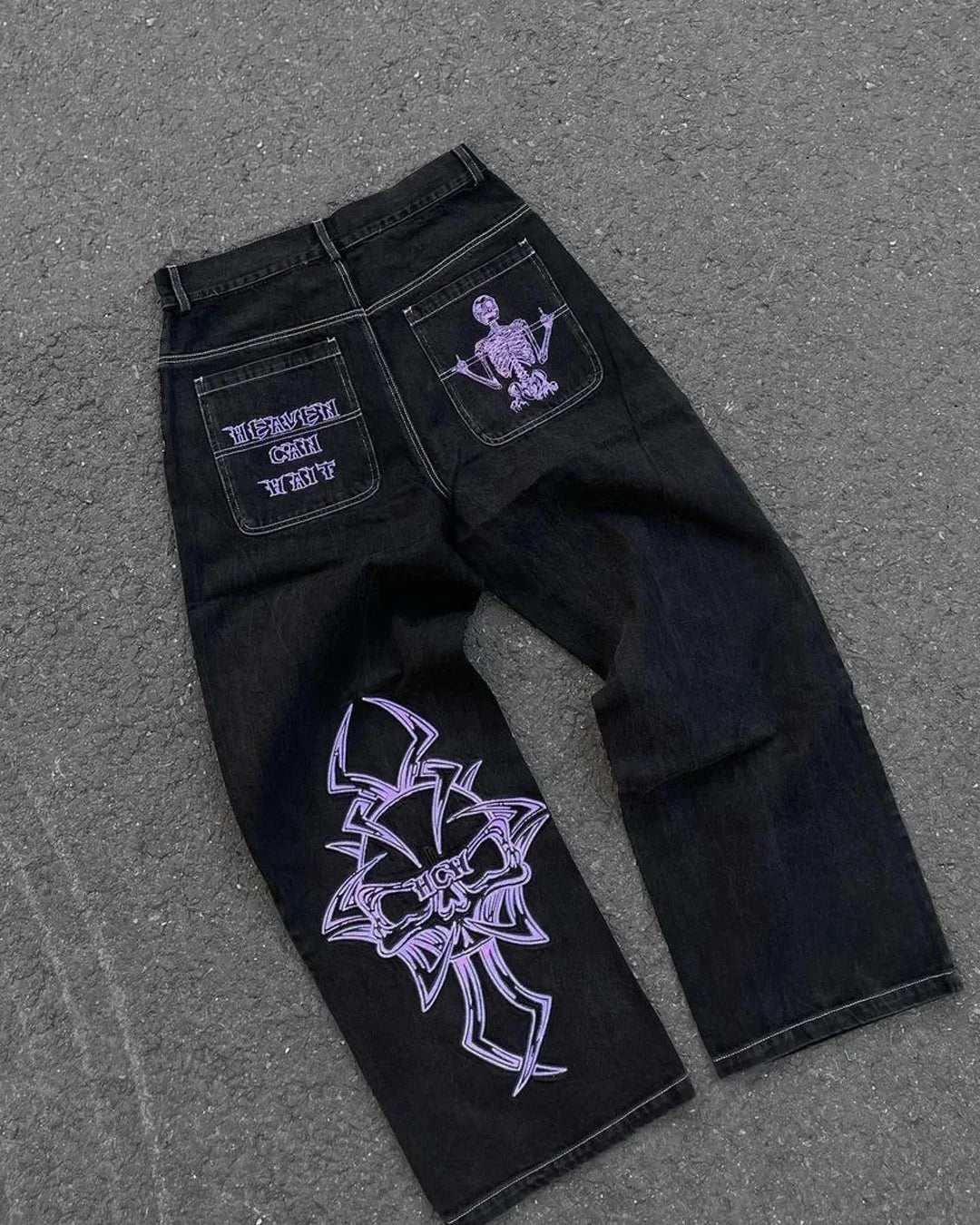 Nouveau Baggy décontracté jambe large Jean hommes rue rétro Hip Hop imprimé Jean tendance mode noir taille haute Jean Y2k hommes vêtements 2023